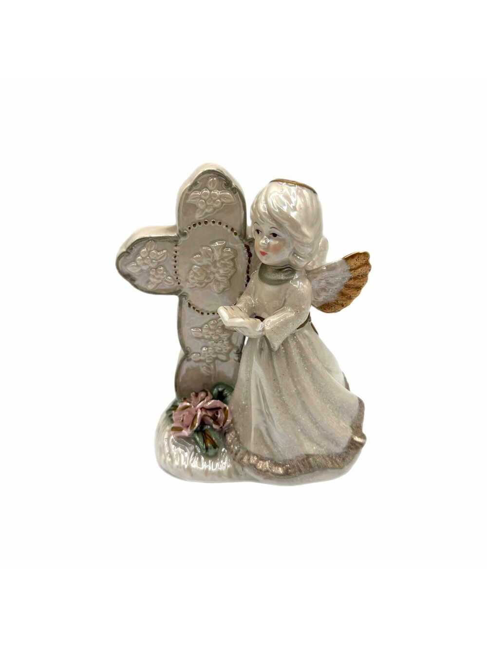 Vintage Glossy Cream Ivory Angel with Cross Figurine – Pink Roses - Glitter